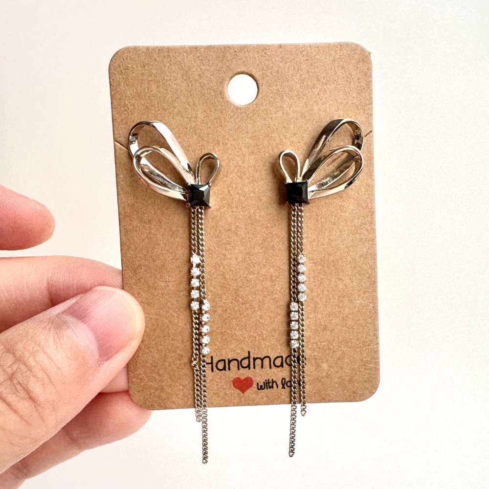Silver Butterfly Dangle Tassel Earrings Black Rhinestone (Mix & Match 2 for $15)